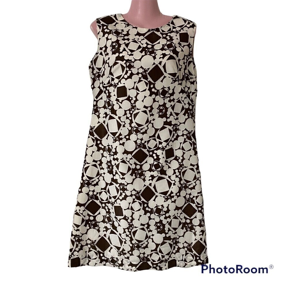 Vintage 60s Shift Dress Bust 36 Mod Abstract Klopman Whipped Cream Brown White